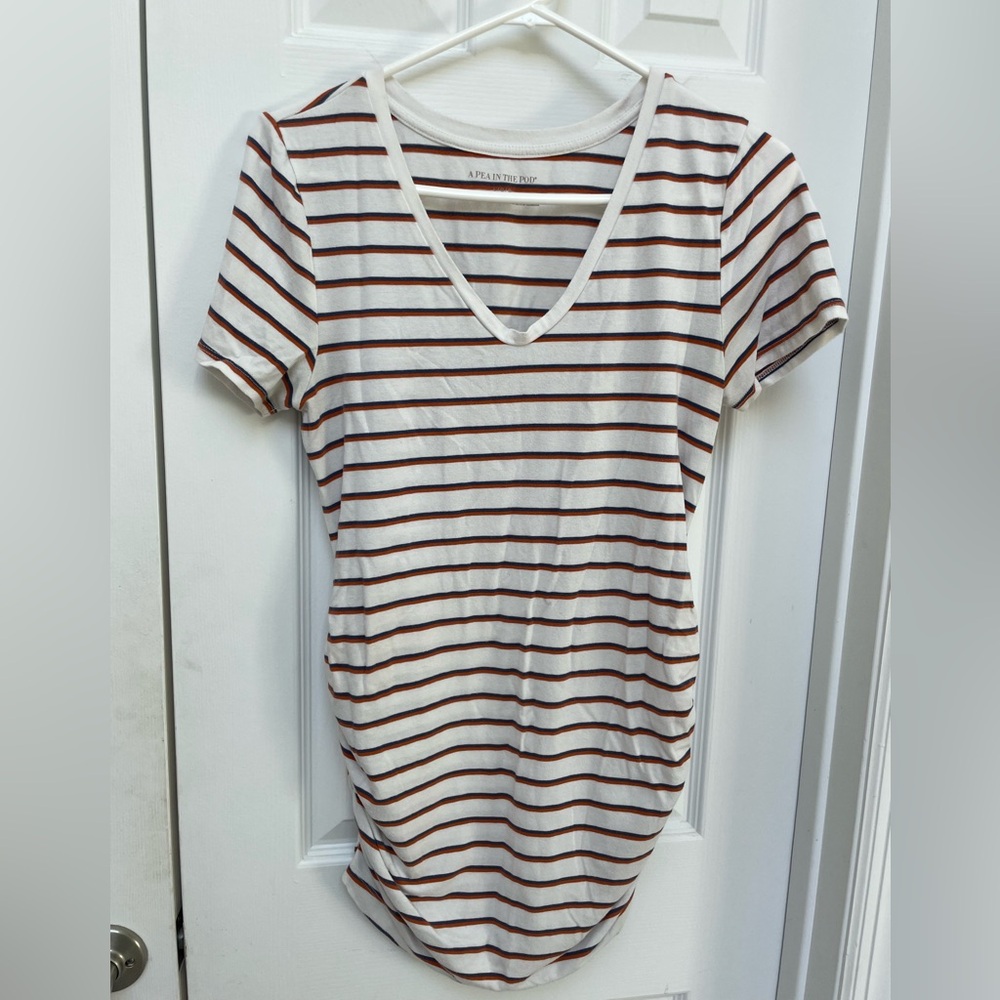 A Pea in the Pod White V-Neck Maternity Tee with Brown & Black Stripes